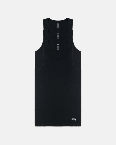 Black Men's Stussy Ribbed Tank - 3 Pack T Shirts | CA0000260