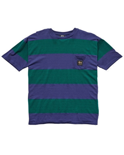 Blue Men's Stussy View Stripe SS Pocket T Shirts | CA0000283