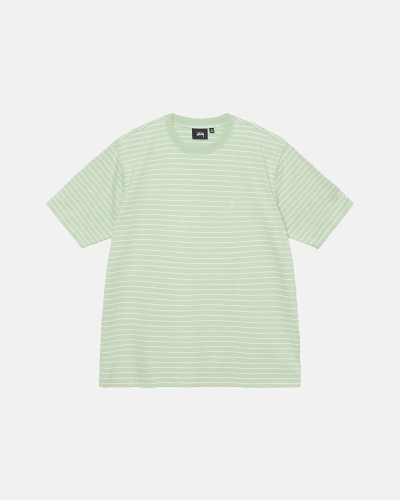 Green Men's Stussy Pin Striped Ss Crew T Shirts | CA0000254