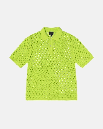 Light Green Men's Stussy Big Mesh Polo Knit Sweater | CA0000526