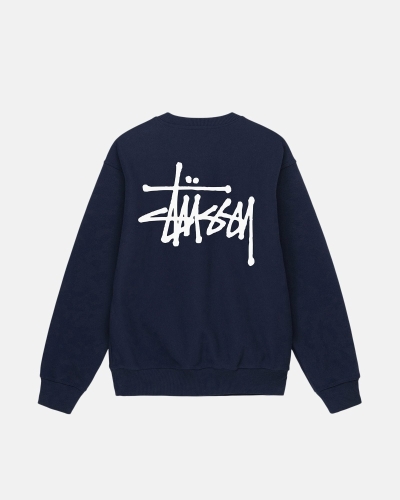 Navy Men's Stussy Basic Crew Hoodies | CA0000008