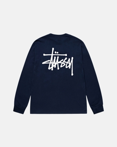 Navy Men's Stussy Basic Ls T Shirts | CA0000099