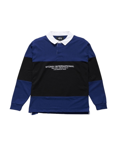 Navy Men's Stussy Panel LS Rugby Sweatshirts | CA0000949