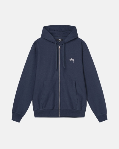 Navy Men's Stussy Stock Logo Zip Hoodies | CA0000082