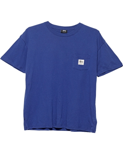 Navy Men's Stussy Work Label Pocket T Shirts | CA0000285