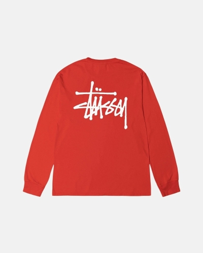 Red Men's Stussy Basic Pigment Dyed Ls T Shirts | CA0000103