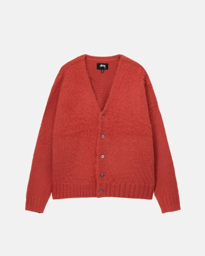 Red Men's Stussy Brushed Cardigan Knit Sweater | CA0000529