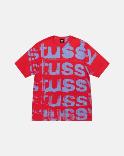 Red Men's Stussy Stamp T Shirts | CA0000270