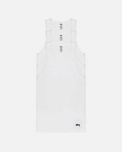 White Men's Stussy Ribbed Tank - 3 Pack T Shirts | CA0000259