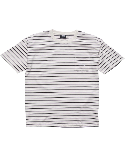 White Men's Stussy Text Pocket Stripe T Shirts | CA0000277