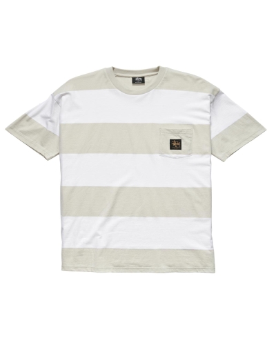 White Men's Stussy View Stripe SS Pocket T Shirts | CA0000284